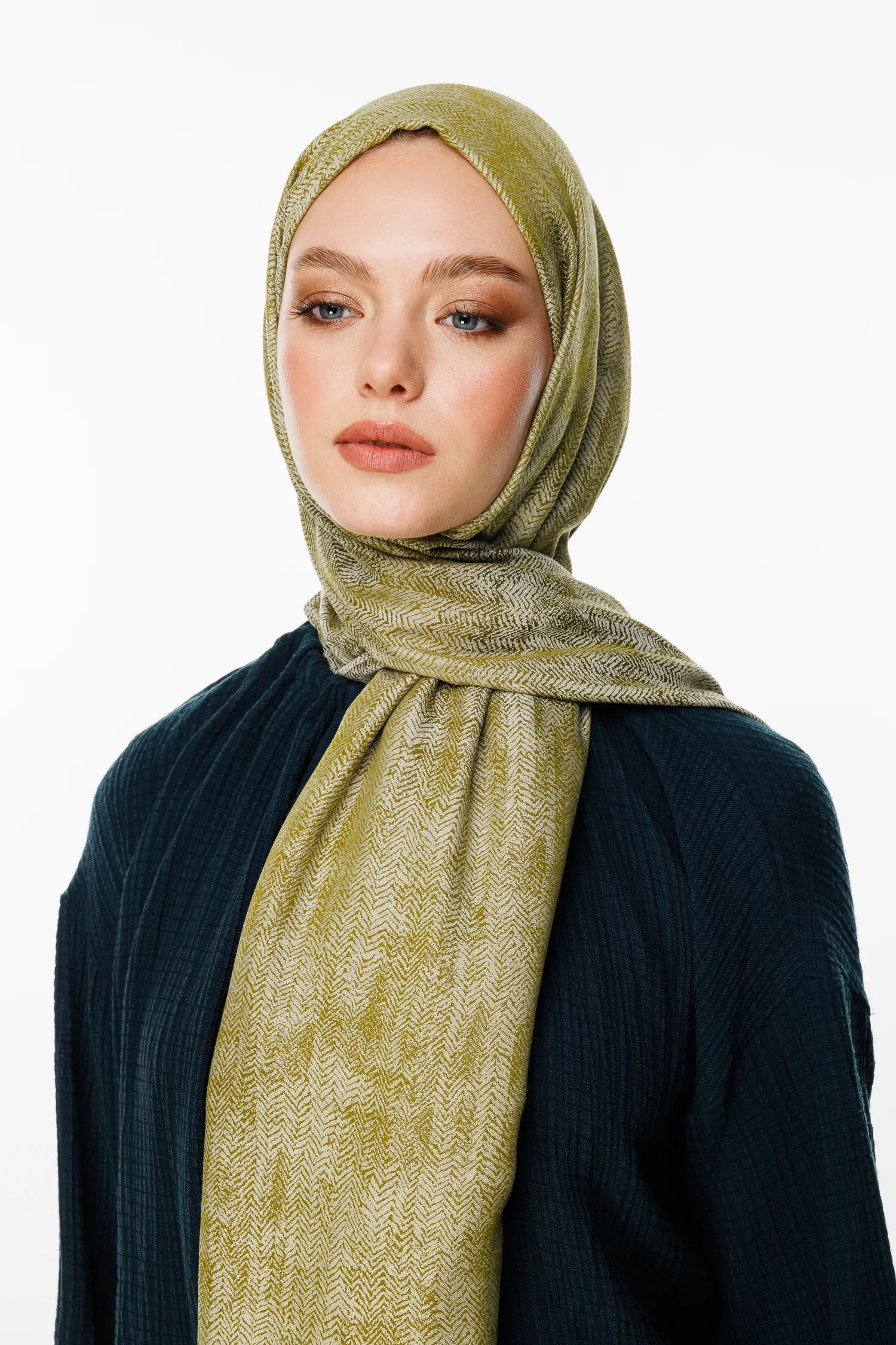 Sahra Desen Çift Taraflı Şal - Yağ Yeşili-Ekru