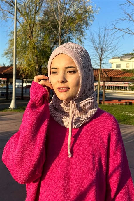 Balaclava Triko Başlık - Pudra