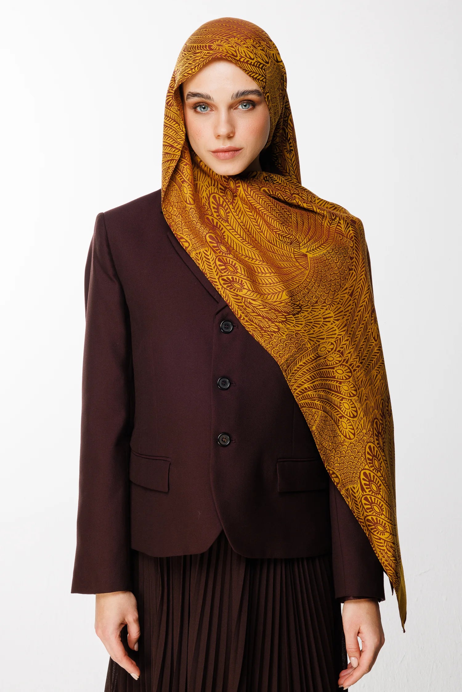 Mayra Desen Çift Taraflı Şal - Mürdüm-Sarı