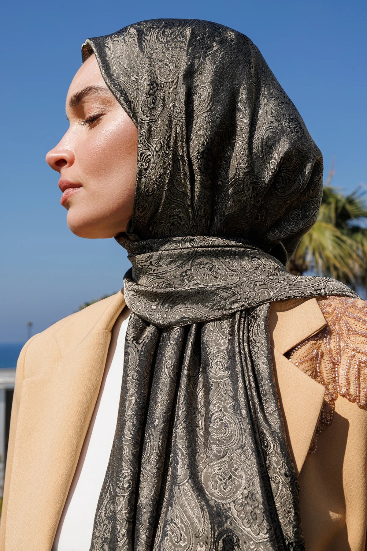 Moren Desen Shine Line Şal - Siyah-Bej