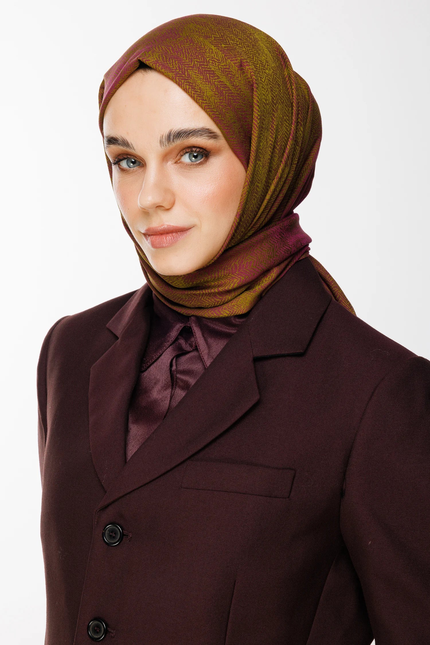 Sahra Desen Çift Taraflı Şal - Yağ Yeşili-Mürdüm