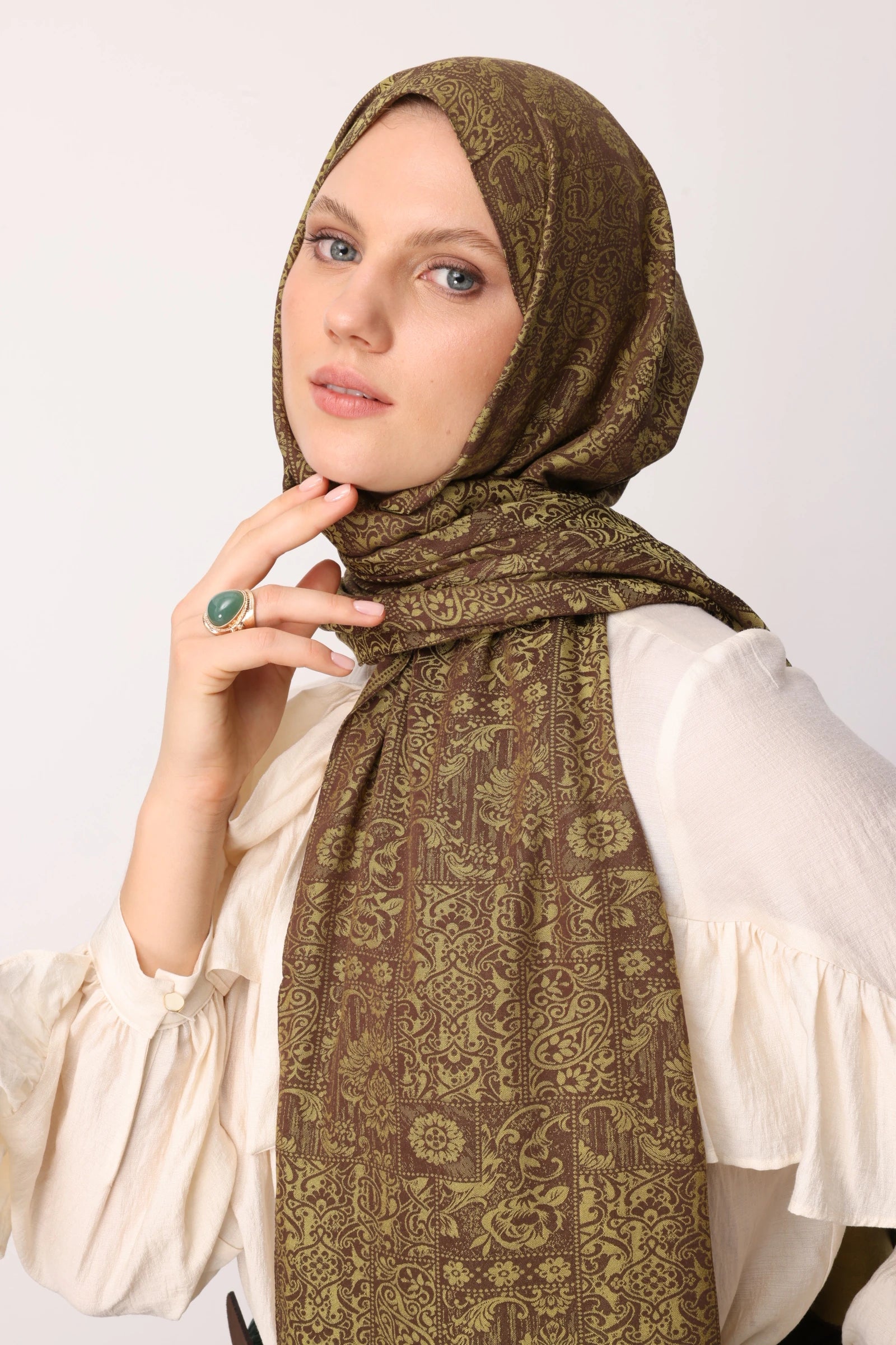 Henna Desen Çift Taraflı Şal - Acı Kahve-Somon