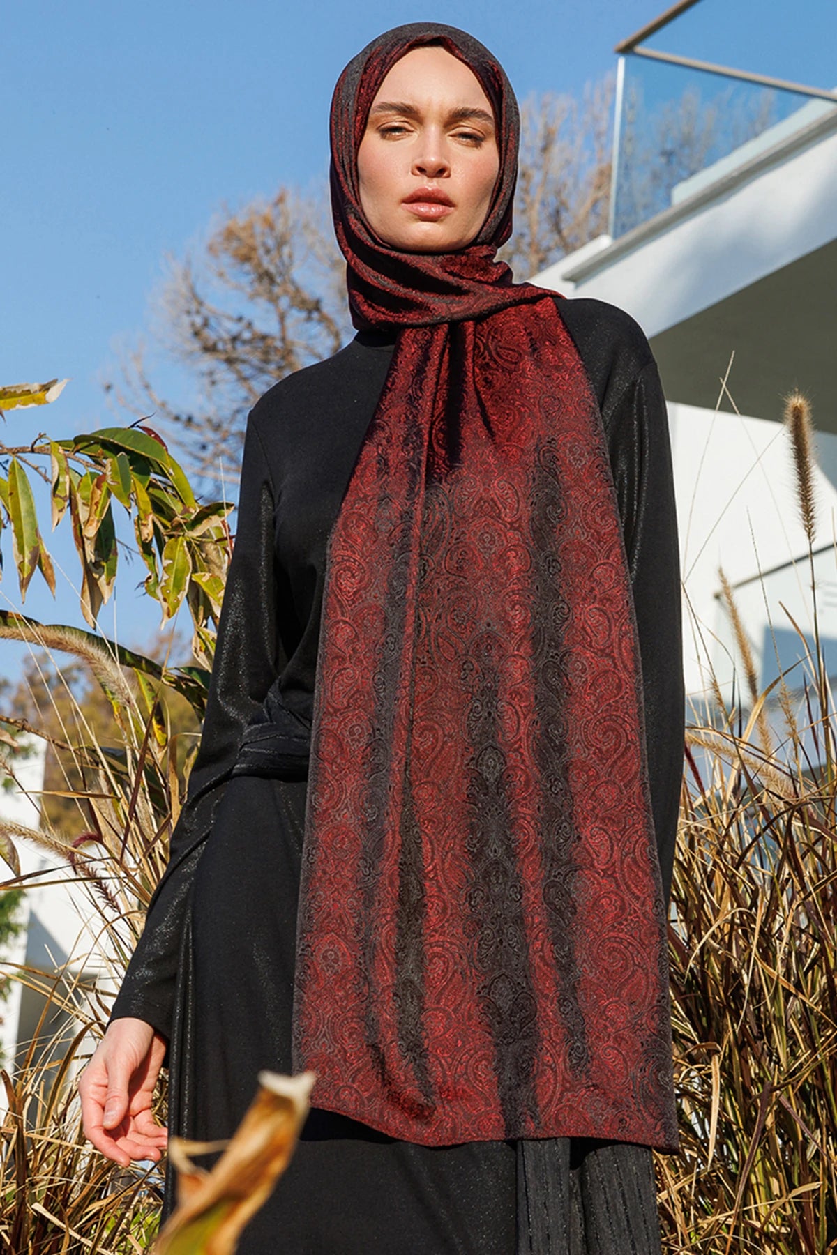 Moren Desen Shine Line Şal - Siyah-Bordo
