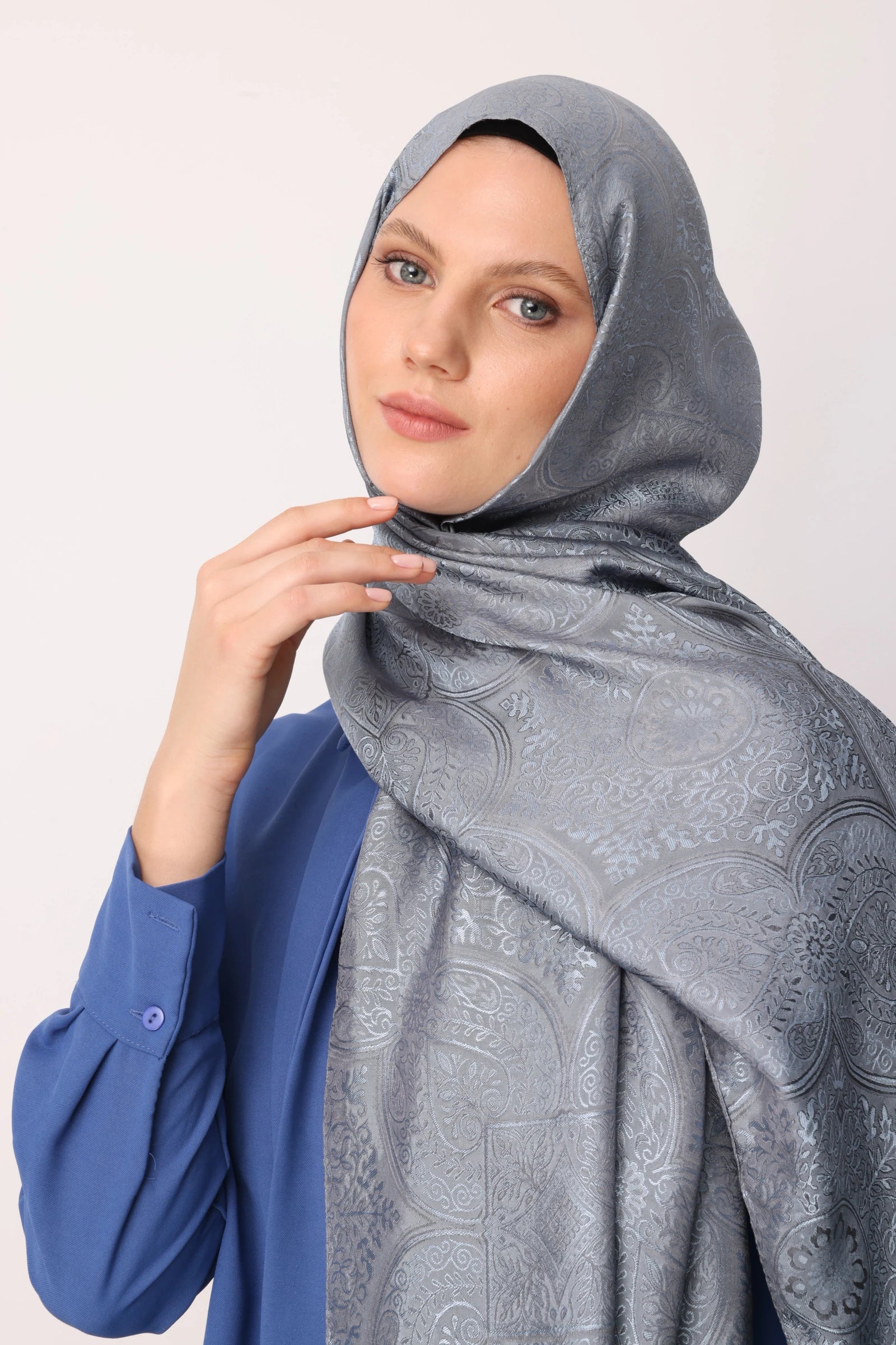 Vera Desen Shine Line Şal - Koyu Gri-Açık Mavi