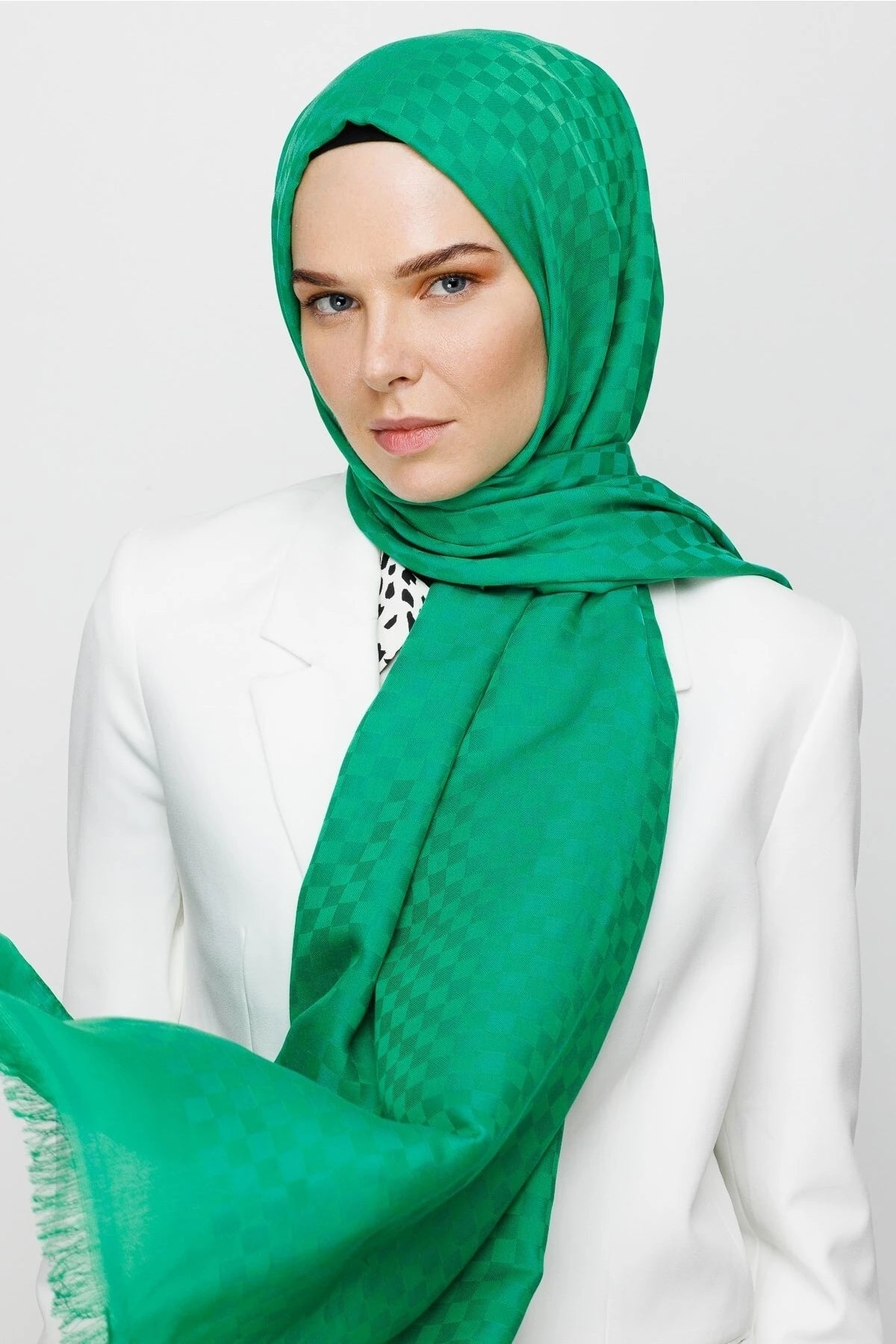 Kare Desen Pamuk Jakar Şal - Benetton Yeşili