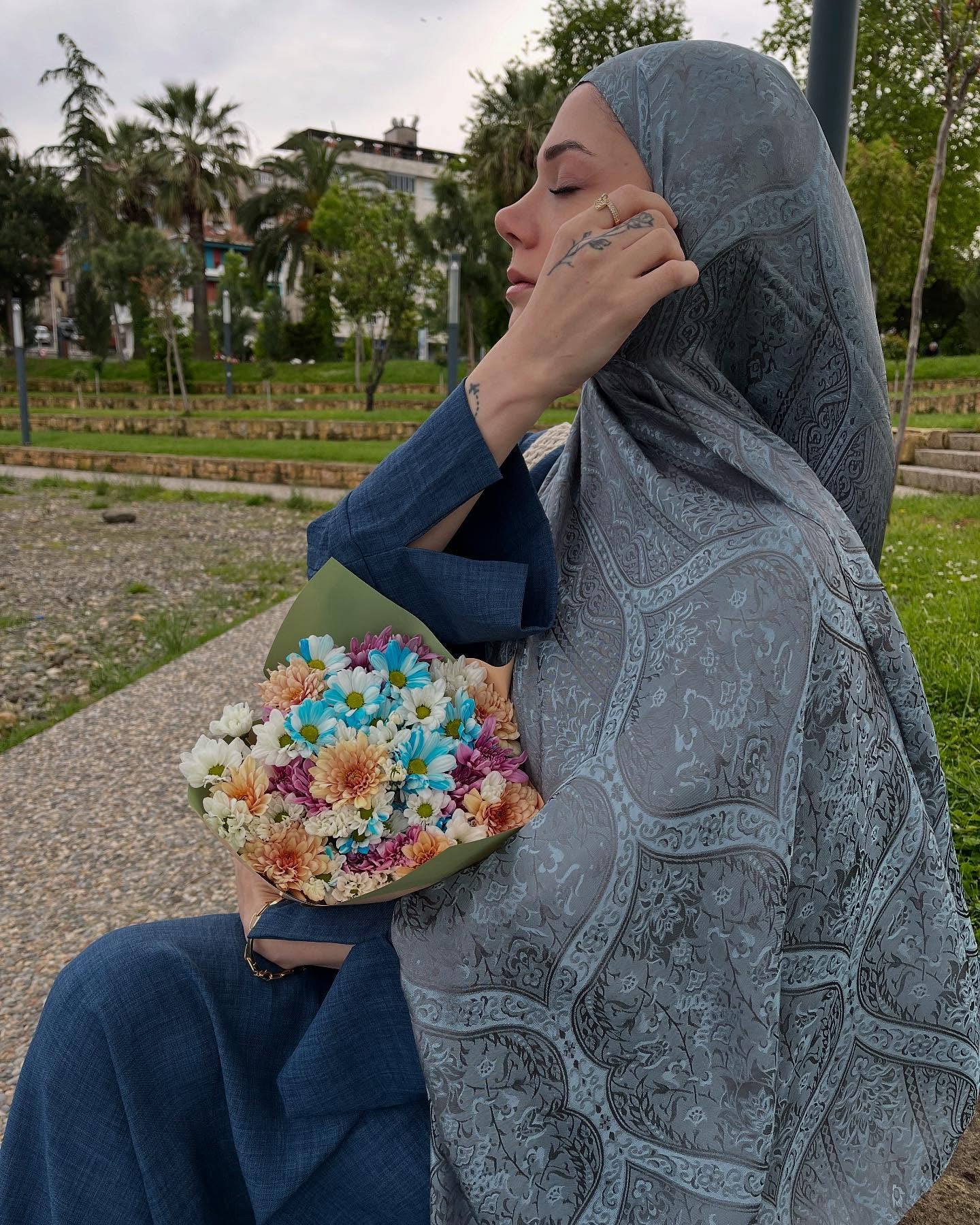 Soler Desen Shine Line Şal - Koyu Gri-Açık Mavi