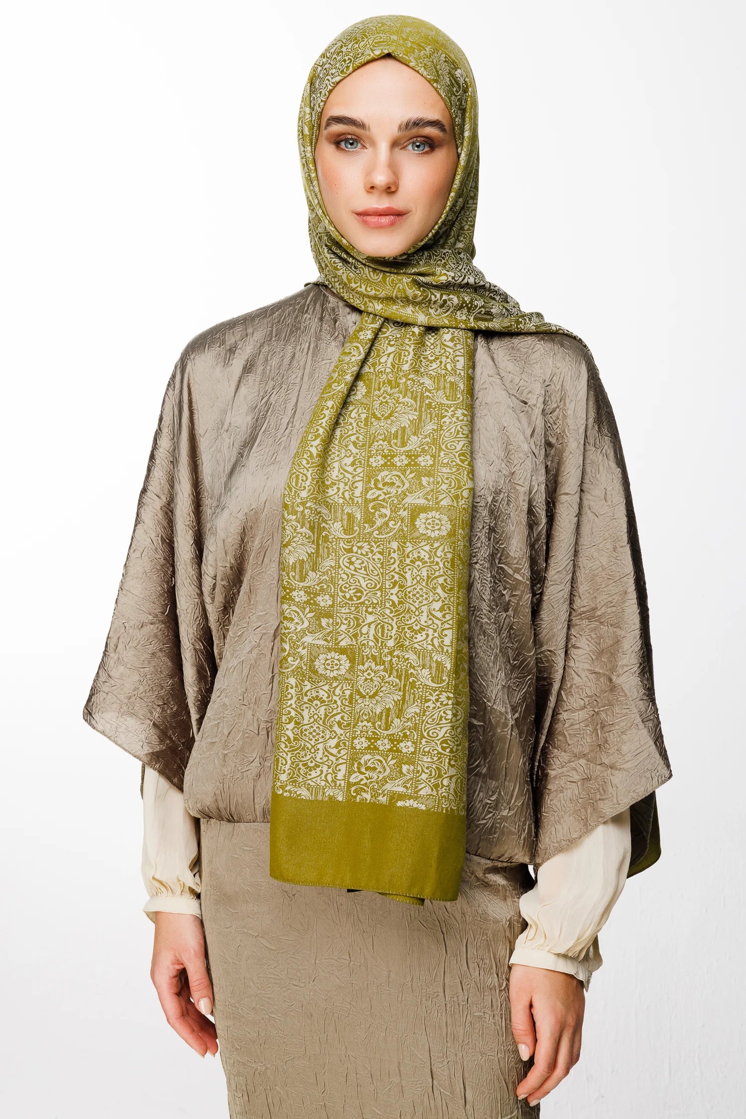 Henna Desen Çift Taraflı Şal - Yağ Yeşili-Ekru