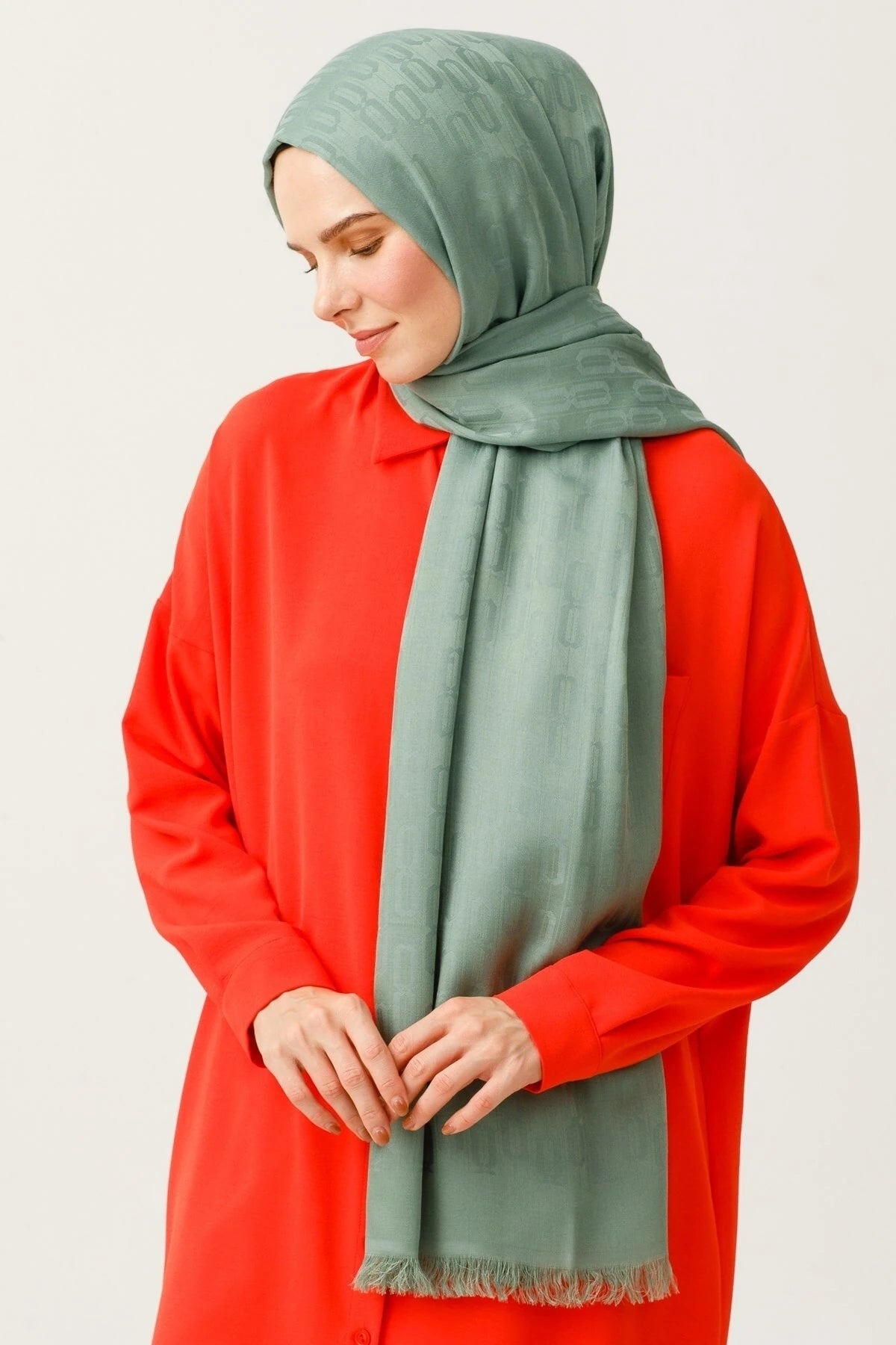 Zincir Desen Pamuk Jakar Şal - Küf Yeşili