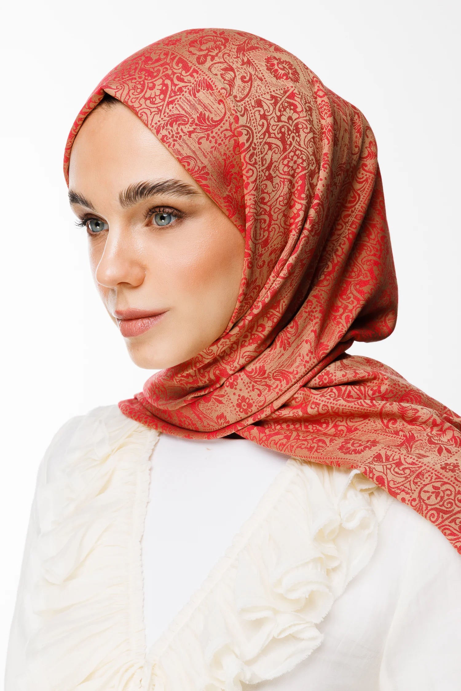 Henna Desen Çift Taraflı Şal - Vizon-Kırmızı