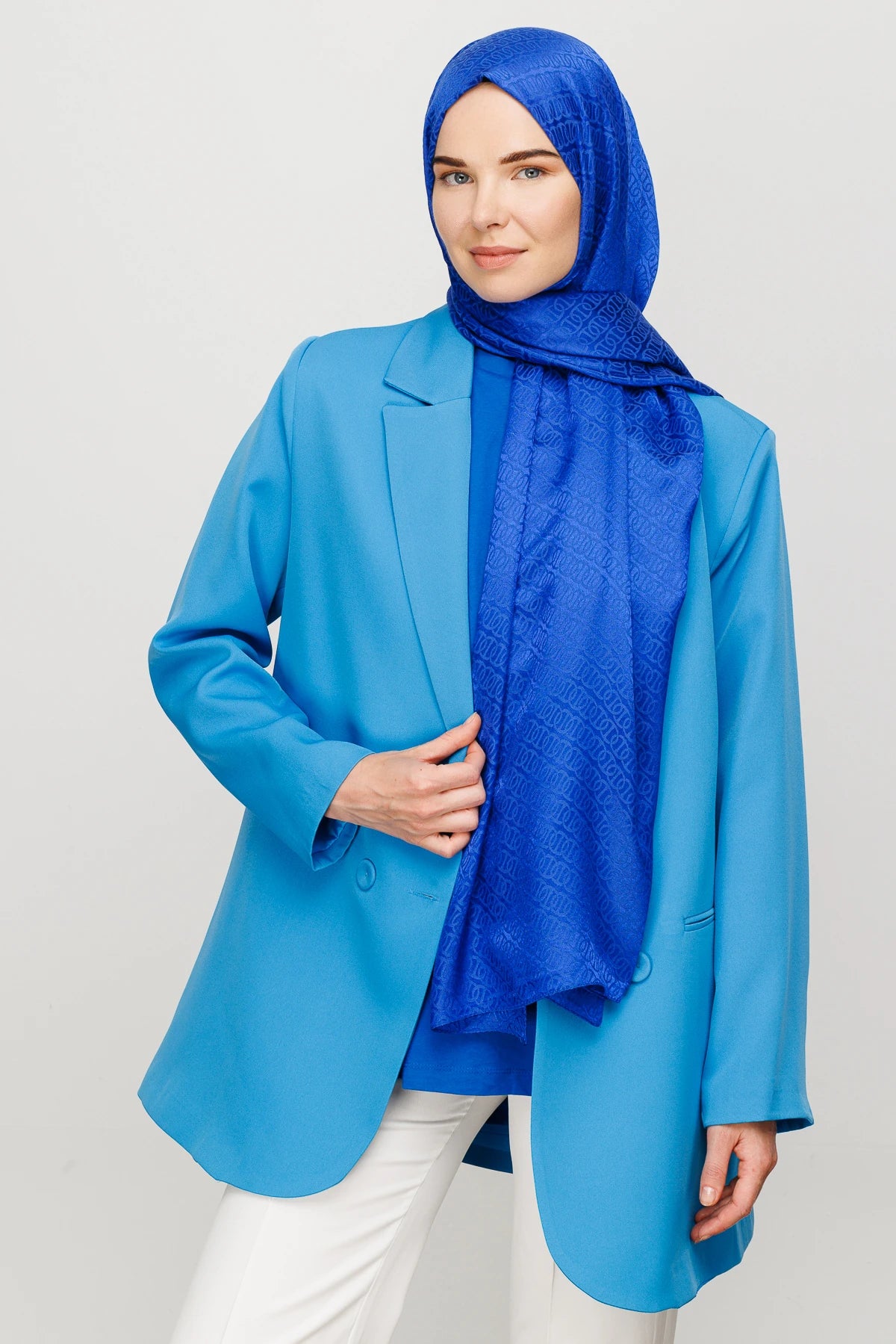Forever Desen Parlak Jakar Şal - Saks Mavi