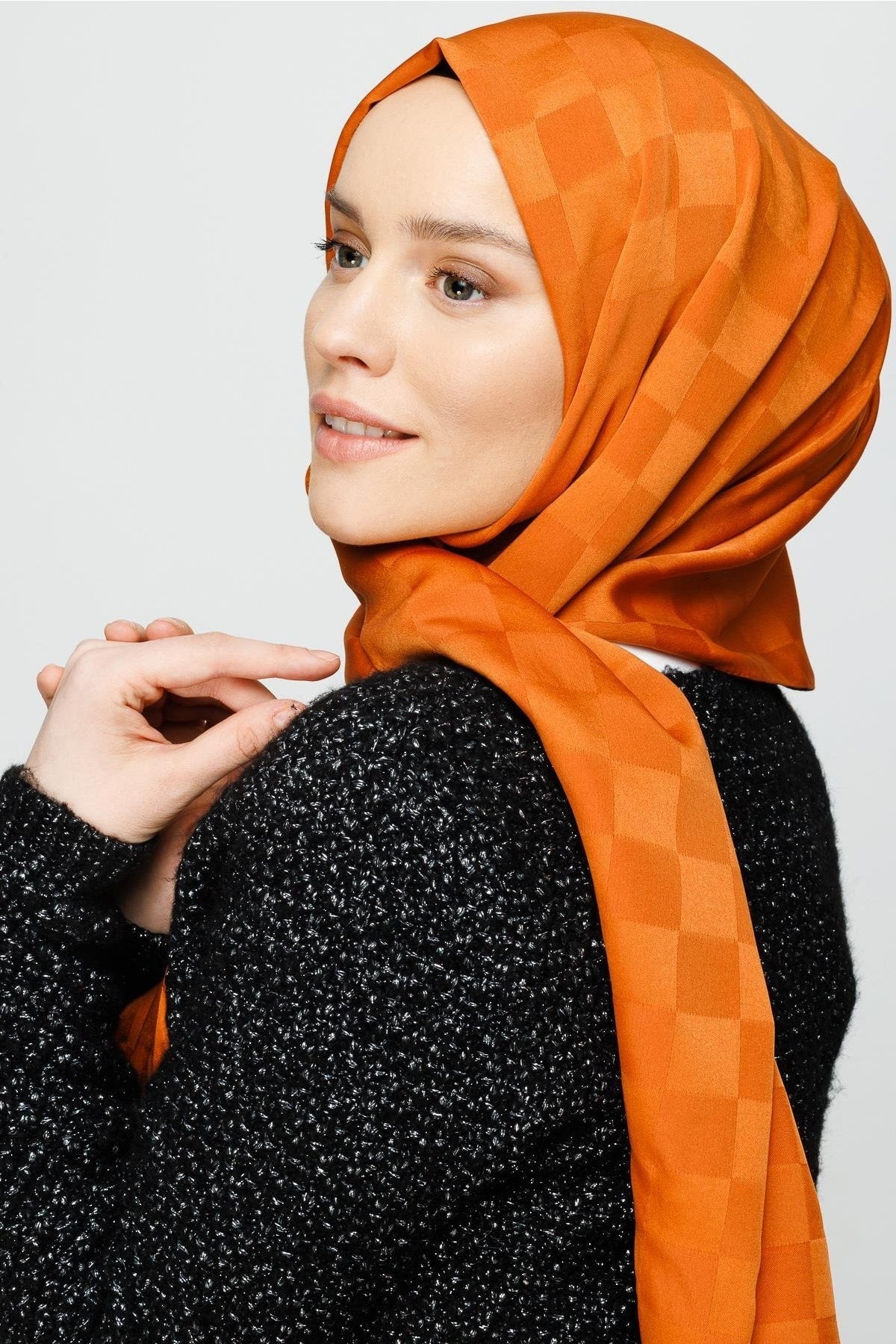 Dama Desen İpeksi Jakar Şal - Kiremit