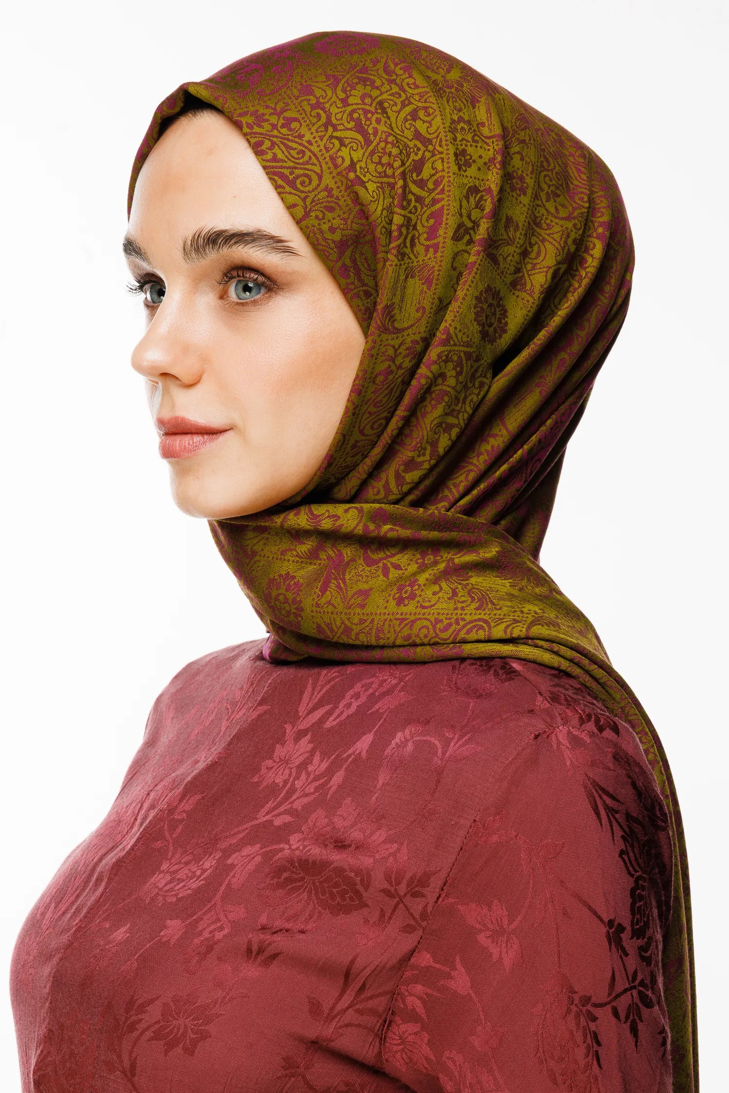 Henna Desen Çift Taraflı Şal - Yağ Yeşili-Mürdüm