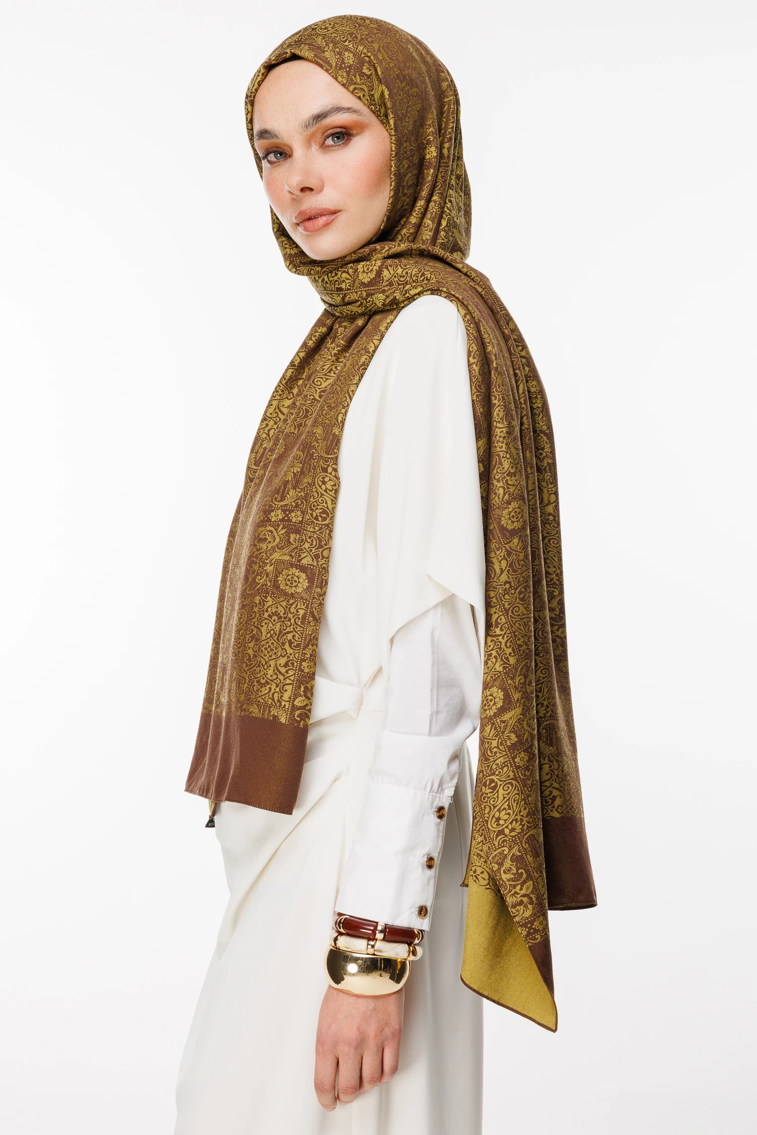 Henna Desen Çift Taraflı Şal - Acı Kahve-Hardal