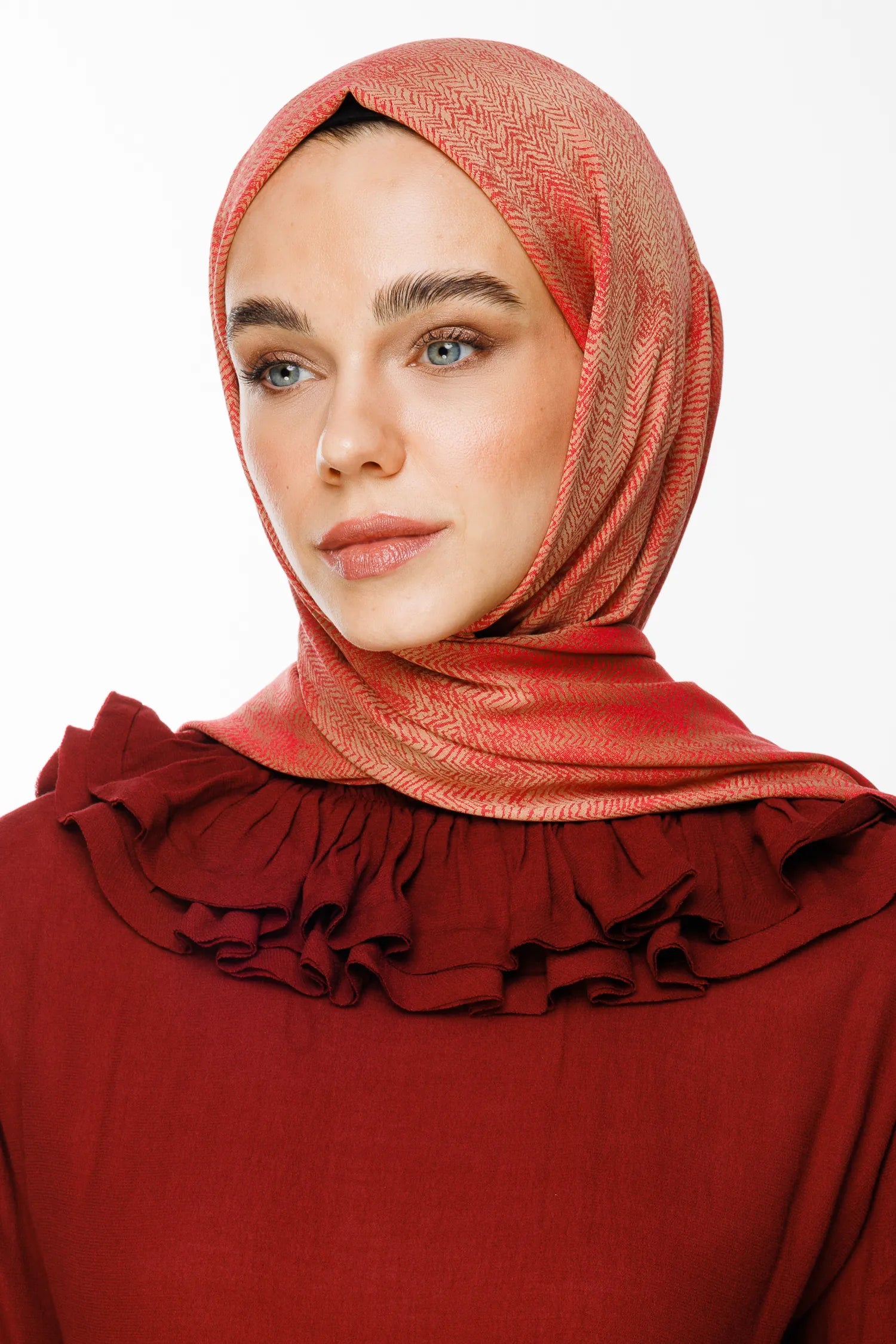 Sahra Desen Çift Taraflı Şal - Vizon-Kırmızı