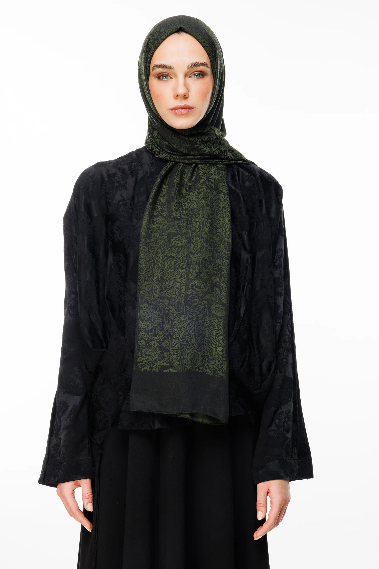 Henna Desen Çift Taraflı Şal - Siyah-Haki